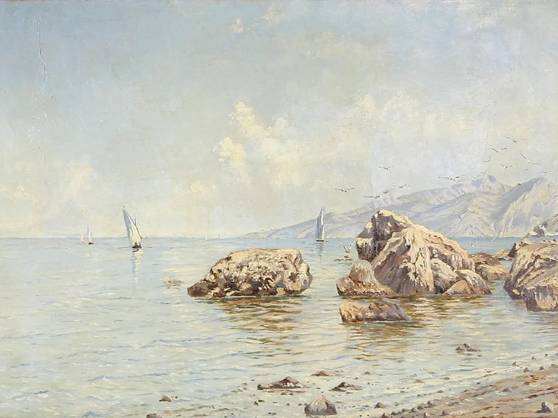 1847-Rasmus Carl Rasmussen - Zona costiera con scogliere e barche a vela
